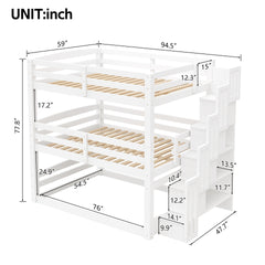 Full Size Triple Bunk Bed with Storage Staircase,Separate Design,White
