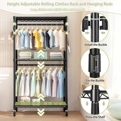Rolling Clothes Rack, Heavy Duty Clothes Rack with Wheels, 3 Tiers Adjustable Wire Shelving Clothes Rack with 2 Clothes Rails and Side Hooks, Freestanding Portable Closet Organizer, Black