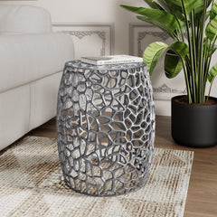 Aluminum Drum End Table with Intricate Design-Silver Nickel