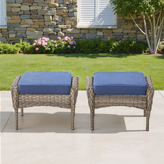 Outdoor PE Wicker Ottomans Set of 2, Patio Gray Rattan Footrests with Blue Cushion for Backyard or Deck