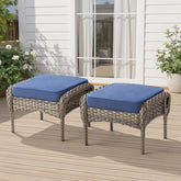 Outdoor PE Wicker Ottomans Set of 2, Patio Gray Rattan Footrests with Blue Cushion for Backyard or Deck