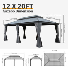 12' X 20' Hardtop Gazebo, Upgraded Metal Gazebo with Drainage System, Dual-Layer Galvanized Steel Roof, Curtain and Netting, Outdoor Shelter Canopy for Patio, Garden, and Backyard, Grey