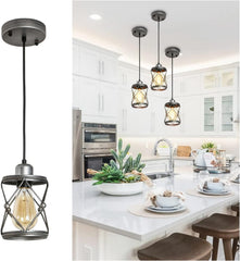Industrial Pendant Lighting for Kitchen Island, Rustic Mini Cage Pendant Light, Farmhouse Pendant Lamp with Silver Grey Adjustable for Dining Room, Hallway, Entryway, Bedroom