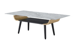 Lorenzo 47"W Coffee Table with Glass Gray Marble Texture Top and Bent Wood Design