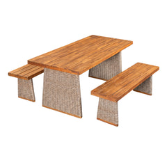 Outdoor 3 Piece Acacia Wood Dining Set with Handwoven Rattan Legs,Brown