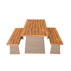 Outdoor 3 Piece Acacia Wood Dining Set with Handwoven Rattan Legs,Brown