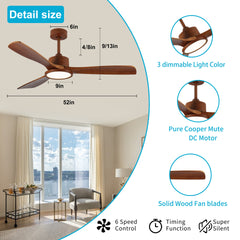 52 inch Wood Ceiling Fans with Lights and Remote, Modern Low Profile Ceiling Fan with Light, 6 Speed, Reversible DC Motor, for Bedroom/Outdoor/Farmhouse/Patios