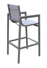Noverra Outdoor Patio Barstool in Gray Powder Coated Finish with Gray Sling Textilene and Gray Wood Accent Arms
