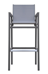 Noverra Outdoor Patio Barstool in Gray Powder Coated Finish with Gray Sling Textilene and Gray Wood Accent Arms