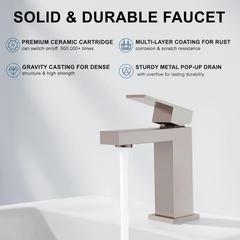 Single Handle Bathroom Faucet, Brushed Nickel Single Hole Bathroom Faucet, Solid Brass Modern Bathroom Sink Faucet Heavy Duty Vanity Square Bathroom Faucet with Pop-up Drain & Water Supply Hoses