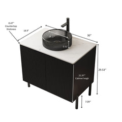 TURIO 30" Bathroom Vanity with Sink, Freestanding Bathroom Storage Cabinet with 2 Doors, Transparent Black Round Glass Basin and Carrara White Sintered Stone Countertop, No Faucet, Black Color