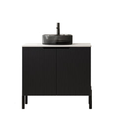 TURIO 30" Bathroom Vanity with Sink, Freestanding Bathroom Storage Cabinet with 2 Doors, Transparent Black Round Glass Basin and Carrara White Sintered Stone Countertop, No Faucet, Black Color