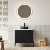 TURIO 30" Bathroom Vanity with Sink, Freestanding Bathroom Storage Cabinet with 2 Doors, Transparent Black Round Glass Basin and Carrara White Sintered Stone Countertop, No Faucet, Black Color