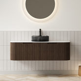 DINA 48" Bathroom Vanity with Sink, Wall-Mounted Curved Edges Striped Storage Cabinet with 2 Drawers, Transparent Black Round Glass Basin and Countertop, Pre-assembled, Dark Walnut Woodgrain Color
