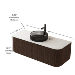 DINA 48" Bathroom Vanity with Sink, Wall-Mounted Curved Edges Striped Storage Cabinet with 2 Drawers, Transparent Black Round Glass Basin and Countertop, Pre-assembled, Dark Walnut Woodgrain Color