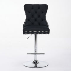Thick Chrome Swivel Velvet Barstools,Adjustable 25-33"Height,Modern Upholstered with17.7" Base,Tufted Buttons&Diamond Pleating,Sponge&Spring Seat,for Home Pub&Kitchen Island(Black, Set of 2)