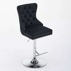 Thick Chrome Swivel Velvet Barstools,Adjustable 25-33"Height,Modern Upholstered with17.7" Base,Tufted Buttons&Diamond Pleating,Sponge&Spring Seat,for Home Pub&Kitchen Island(Black, Set of 2)