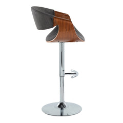 Curvo Mid-Century Modern Adjustable Barstool with Swivel in Chrome Metal, Walnut Wood and Charcoal Fabric with Rounded T Footrest by LumiSource - Set of 2