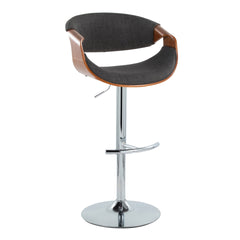 Curvo Mid-Century Modern Adjustable Barstool with Swivel in Chrome Metal, Walnut Wood and Charcoal Fabric with Rounded T Footrest by LumiSource - Set of 2