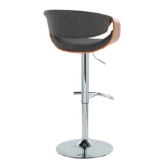 Curvo Mid-Century Modern Adjustable Barstool with Swivel in Chrome Metal, Walnut Wood and Charcoal Fabric with Rounded T Footrest by LumiSource - Set of 2