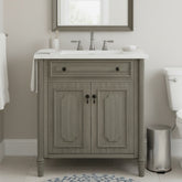 30 Inches Vintage Bathroom Vanity with Sink, Rustic Bathroom Cabinet with Soft Close Doors and Adjustable Shelf, Curved Profile Design, Rubber Wood Legs, Gray