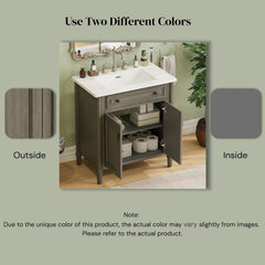 30 Inches Vintage Bathroom Vanity with Sink, Rustic Bathroom Cabinet with Soft Close Doors and Adjustable Shelf, Curved Profile Design, Rubber Wood Legs, Gray