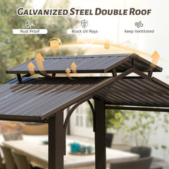 8×5FT Hardtop Grill Gazebo, Outdoor BBQ Gazebo w/Galvanized Steel Double Roof, Permanent Sun Shade Grill Canopy Shelter with 2 Side Shelves and Ceiling Hook for Patio Deck Yard Garden (Brown)