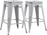 Backless Modern Light Weight Industrial Contemporary Rustic Vintage Costal Metal Bar Stools Without Back and 4 Leg Design (Set of 2) (24" Seat, Distressed White)