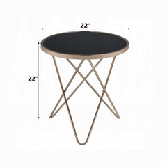 1pc End Table Champagne Finish Frame Round Black Glass Top Mid-Century Modern Design Living Room Furniture