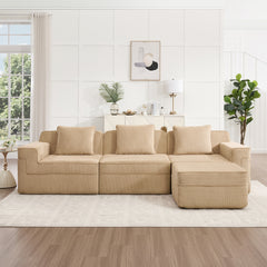 Modular 3 Seat L Shape Sectional Boneless Sofa, Cloud Sectional Couch with Deep Seat, Modern Modular 3-Seat Sofa Couch with Throw Pillows and 1 Movable Ottoman, Corduroy Fabric Camel
