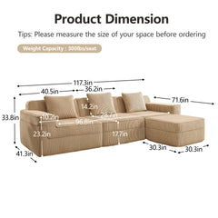 Modular 3 Seat L Shape Sectional Boneless Sofa, Cloud Sectional Couch with Deep Seat, Modern Modular 3-Seat Sofa Couch with Throw Pillows and 1 Movable Ottoman, Corduroy Fabric Camel