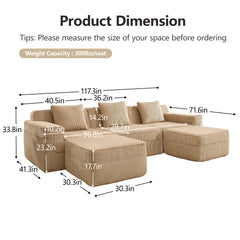 Modular 3 Seat U Shape Sectional Boneless Sofa, Cloud Sectional Couch with Deep Seat, Modern Modular 3-Seat Sofa Couch with Throw Pillows and 2 Movable Ottomans, Corduroy Fabric Camel