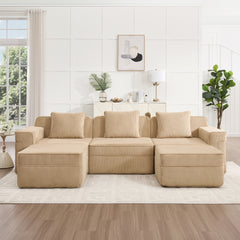 Modular 3 Seat U Shape Sectional Boneless Sofa, Cloud Sectional Couch with Deep Seat, Modern Modular 3-Seat Sofa Couch with Throw Pillows and 2 Movable Ottomans, Corduroy Fabric Camel