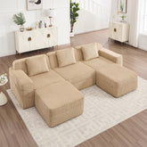 Modular 3 Seat U Shape Sectional Boneless Sofa, Cloud Sectional Couch with Deep Seat, Modern Modular 3-Seat Sofa Couch with Throw Pillows and 2 Movable Ottomans, Corduroy Fabric Camel