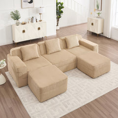 Modular 3 Seat U Shape Sectional Boneless Sofa, Cloud Sectional Couch with Deep Seat, Modern Modular 3-Seat Sofa Couch with Throw Pillows and 2 Movable Ottomans, Corduroy Fabric Camel