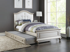 Contemporary Style Silver Twin Size Bed w/ Trundle Slats Pine Plywood Kids Youth Bedroom Furniture White Faux Leather Tufted HB