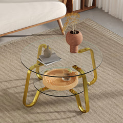 Retro minimalist style metal frame double-layer tempered glass coffee table, size 31.5 * 31.5 * 17.7 inches, adding a touch of elegance to your living room