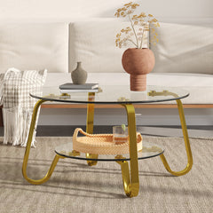 Retro minimalist style metal frame double-layer tempered glass coffee table, size 31.5 * 31.5 * 17.7 inches, adding a touch of elegance to your living room