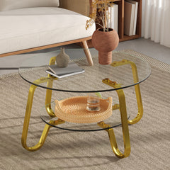 Retro minimalist style metal frame double-layer tempered glass coffee table, size 31.5 * 31.5 * 17.7 inches, adding a touch of elegance to your living room