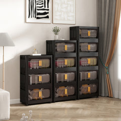 Black,24" Side Wide Folding Storage Cabinet ,4 Tiers,23.62"×13.78"×48.43",Collapsible Storage Bins with Magnetic Door, Plastic Storage Cabinet with Wheels