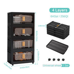 Black,24" Side Wide Folding Storage Cabinet ,4 Tiers,23.62"×13.78"×48.43",Collapsible Storage Bins with Magnetic Door, Plastic Storage Cabinet with Wheels