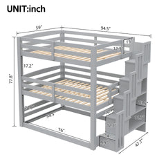 Full Size Triple Bunk Bed with Storage Staircase,Separate Design,Gray
