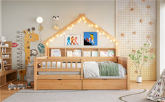 Wood Full Size House Platform Beds with LED, Storage Shelves, Drawers and Guardrail, Natural