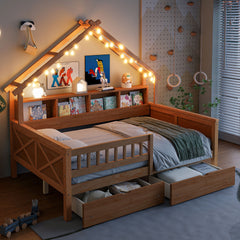 Wood Full Size House Platform Beds with LED, Storage Shelves, Drawers and Guardrail, Natural