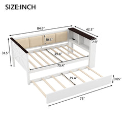 Twin Size Wood Daybed with Storage Shelves, Upholstered Backrest,USB and Trundle, White