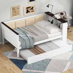 Twin Size Wood Daybed with Storage Shelves, Upholstered Backrest,USB and Trundle, White