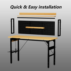 71''Adjustable Workbench with pegboard, Heavy Duty Wooden Desktop Workbench with Wheels, 1600 lb. Load Capacity, Rolling Workbench with AC/USB Outlet, Hooks, Shelf, for Garage, Workshop, Office, Home.