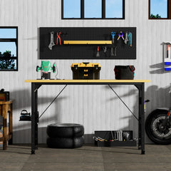 71''Adjustable Workbench with pegboard, Heavy Duty Wooden Desktop Workbench with Wheels, 1600 lb. Load Capacity, Rolling Workbench with AC/USB Outlet, Hooks, Shelf, for Garage, Workshop, Office, Home.