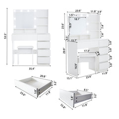 Vanity, Makeup Vanity Desk Set with Mirror & Light, Dressing Table Storage Lots , 3 Lighting Modes with Adjustable Brightness, White with Stool