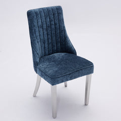 Rayon Cloth Flocking Chenille Dining Chairs Channel Kitchen Dinner Chair Comfy Fabric Upholstered Accent Chair for Dining Room with Silver Brushed Stainless Steel Legs,Set of 2 (Blue), SW1747BL